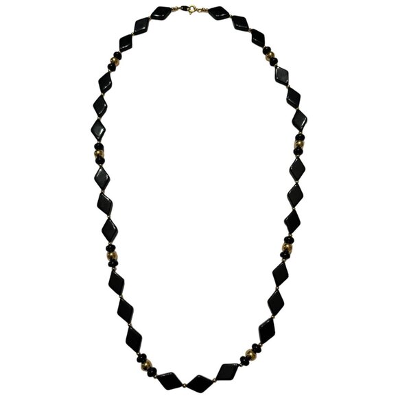 Trifari Necklace Black Lucite Plastic Gold Tone Chunky Geometric Bead Signed 30" - Picture 2 of 9